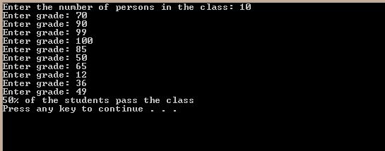 Write a C++ program that display the percentage of persons that have passed the class 